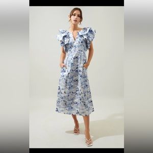 Sugarlips Francine Toile Sky Santana Tie Back Midi Dress